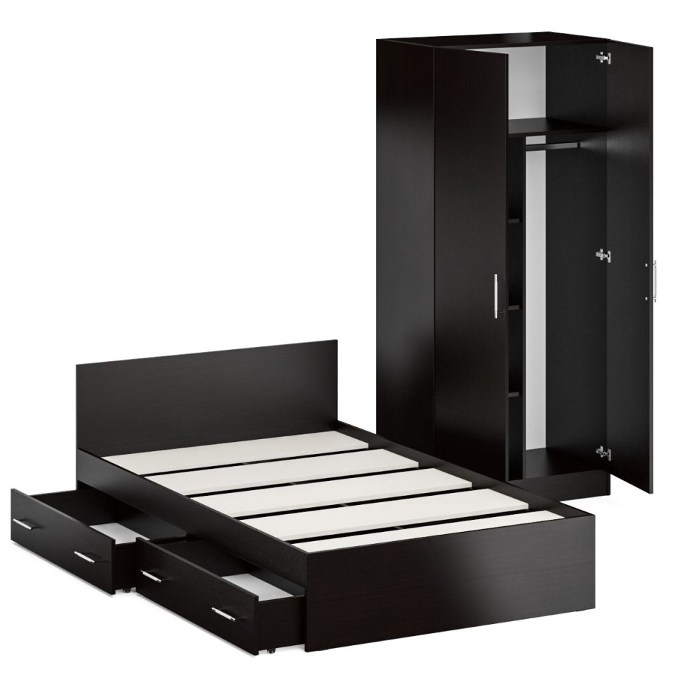 Кровать с ящиками 1200 + Шкаф 2-х створчатый Стандарт, цвет венге, ШхГхВ 123,5х203,5х70 + 90х52х200 см., сп.м. 1200х2000 мм., б/м, основание есть