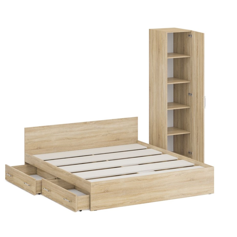 Кровать с ящиками 1800 + Пенал Стандарт, цвет дуб сонома, ШхГхВ 183,5х203,5х70 + 45х52х200 см., сп.м. 1800х2000 мм., без матраса, основание есть