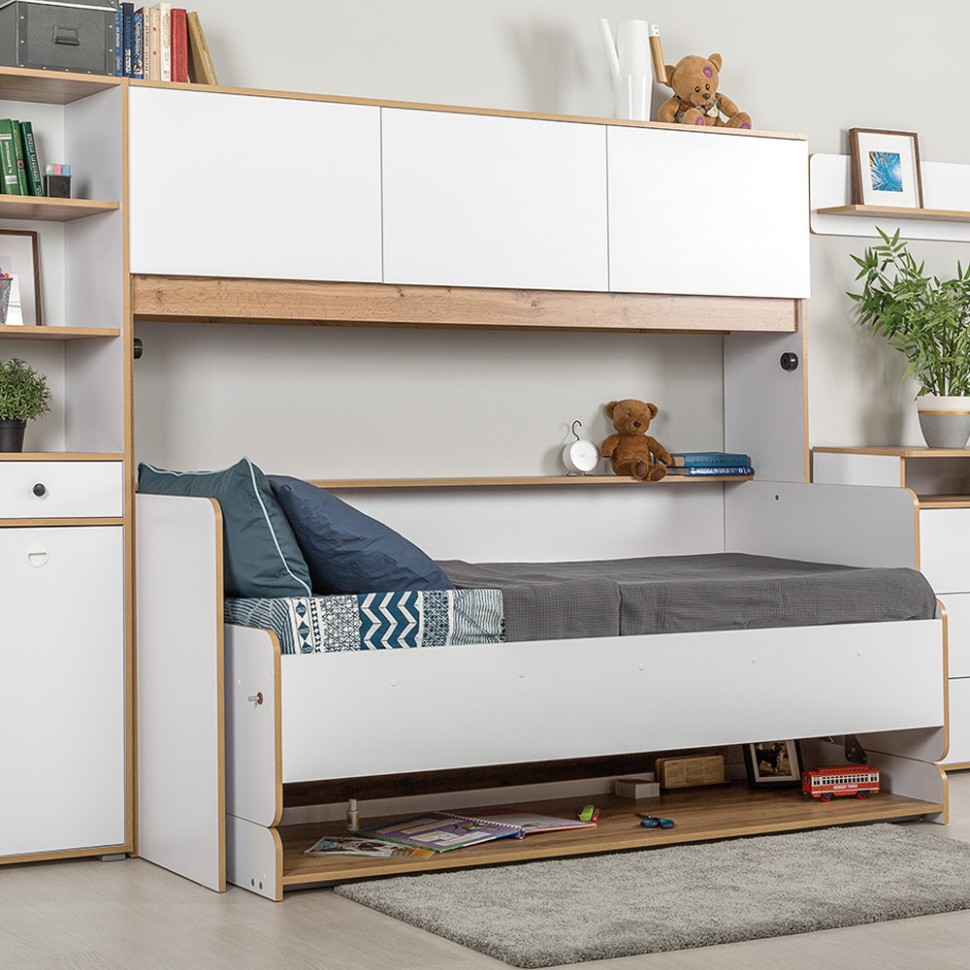 СНЯТО НСН Вуди Компоновка № 46, цвет белый премиум/дуб крафт золотой, сп. м. 800х1800 мм., б/м, основание есть, матрас высотой до 160 мм.