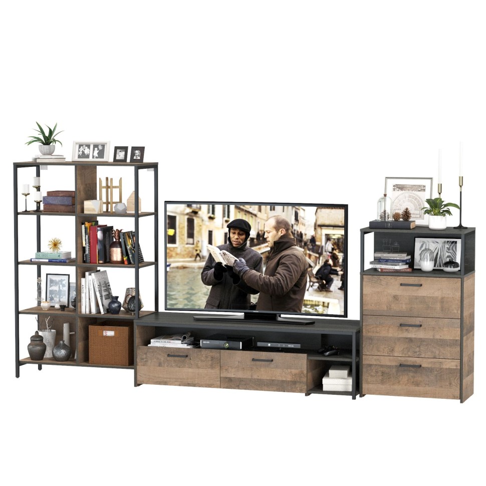 Трувор Гостиная 086, цвет дуб гранж песочный/интра, ШхГхВ 305,8х45,4х146 см., универсальная сборка