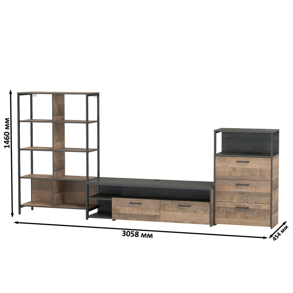 Трувор Гостиная 086, цвет дуб гранж песочный/интра, ШхГхВ 305,8х45,4х146 см., универсальная сборка