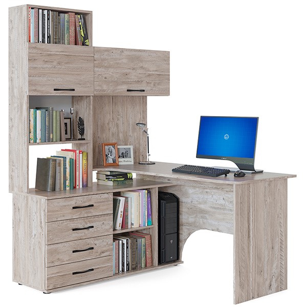 Стол компьютерный Сокол КСТ-14Л левый, цвет дуб юкон, ШхГхВ 140х124х183 см., выдвижные ящики слева, стол с тумбой и надстройкой