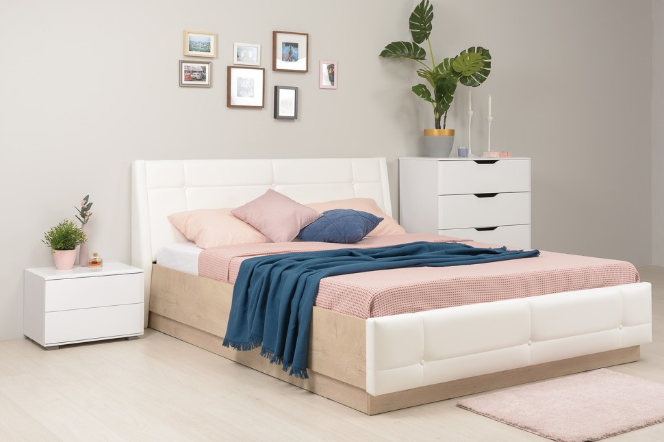 Муссон 11.28 Кровать БЕЗ ортопеда, цвет ЛДСП дуб эндгрейн элегантный/искусственная кожа белая, ШхГхВ 177,2х224х95,3 см., сп. м. 1600х2000 мм, б/м, б/о