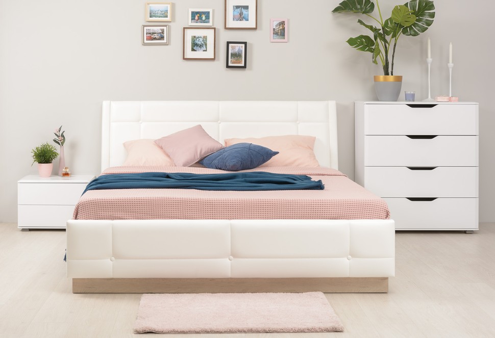 Муссон 11.28 Кровать БЕЗ ортопеда, цвет ЛДСП дуб эндгрейн элегантный/искусственная кожа белая, ШхГхВ 177,2х224х95,3 см., сп. м. 1600х2000 мм, б/м, б/о