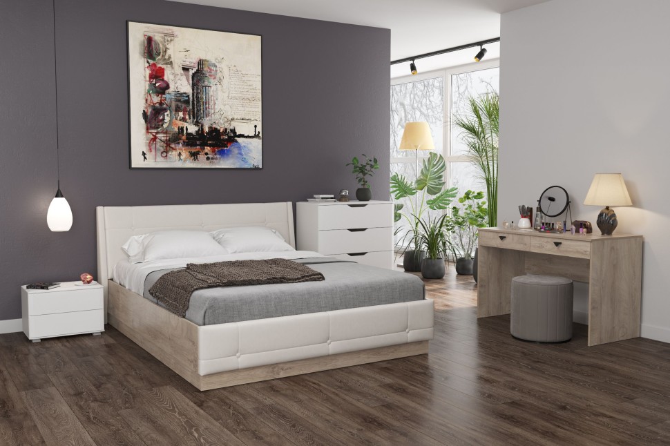 Муссон 11.28 Кровать БЕЗ ортопеда, цвет ЛДСП дуб эндгрейн элегантный/искусственная кожа белая, ШхГхВ 177,2х224х95,3 см., сп. м. 1600х2000 мм, б/м, б/о