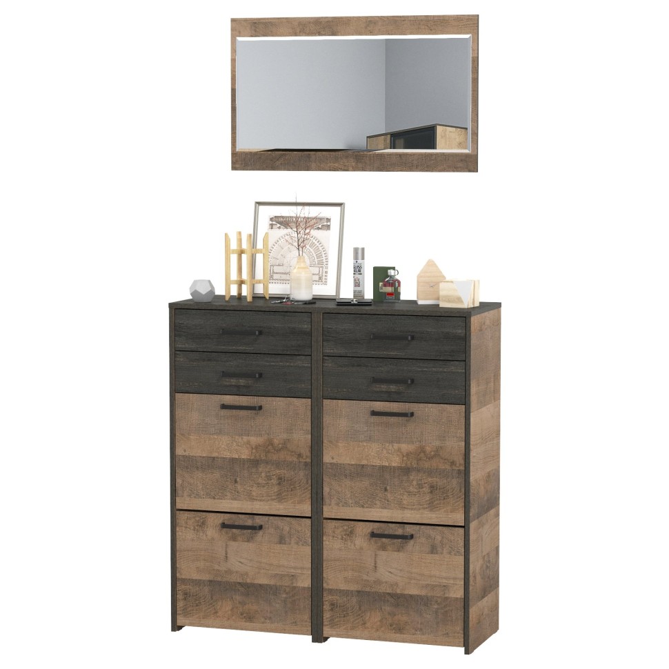 Трувор 13.241.06 Тумба для обуви + 13.241.06 Тумба для обуви + 15.30 Зеркало, цвет дуб гранж песочный/интра, ШхГхВ 100х37х195 см.