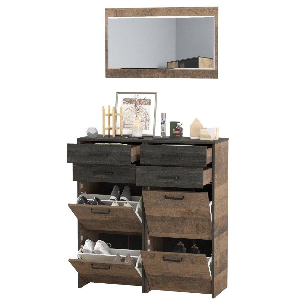 Трувор 13.241.06 Тумба для обуви + 13.241.06 Тумба для обуви + 15.30 Зеркало, цвет дуб гранж песочный/интра, ШхГхВ 100х37х195 см.