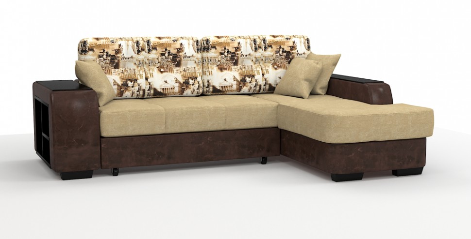 Диван угловой Брюссель Люкс экокожа коричневый + велюр бежевый + город