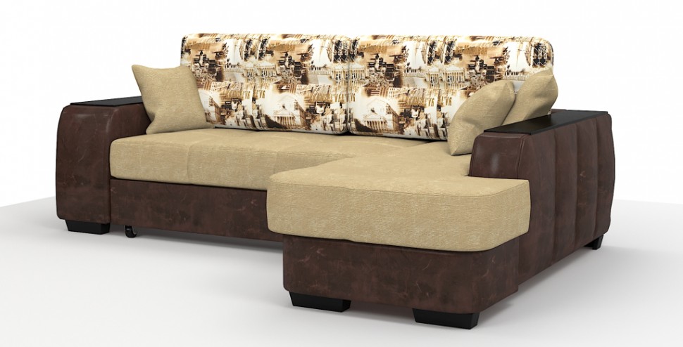 Диван угловой Брюссель Люкс экокожа коричневый + велюр бежевый + город