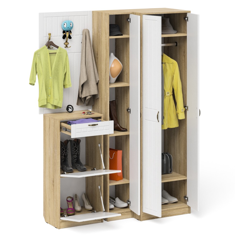 Прихожая П-6 Компоновка № 30, цвет дуб сонома/фасады МДФ белое дерево фрезеровка прованс, ШхГхВ 150х50х210 см., универсальная сборка