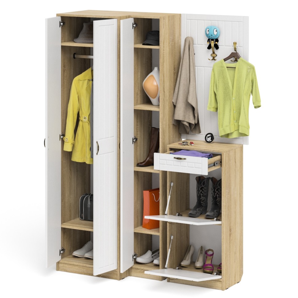 Прихожая П-6 Компоновка № 30, цвет дуб сонома/фасады МДФ белое дерево фрезеровка прованс, ШхГхВ 150х50х210 см., универсальная сборка