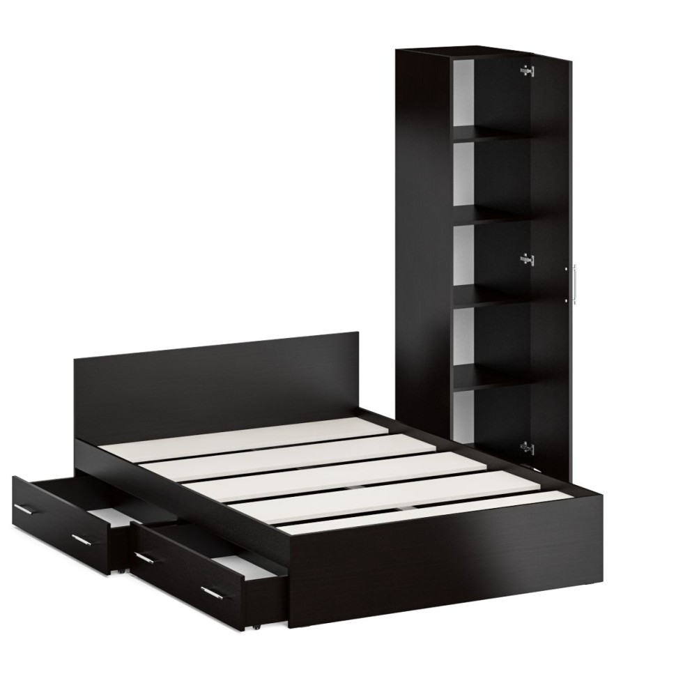 Кровать с ящиками 1400 + Пенал Стандарт, цвет венге, ШхГхВ 143,5х203,5х70 + 45х52х200 см., сп.м. 1400х2000 мм., без матраса, основание есть