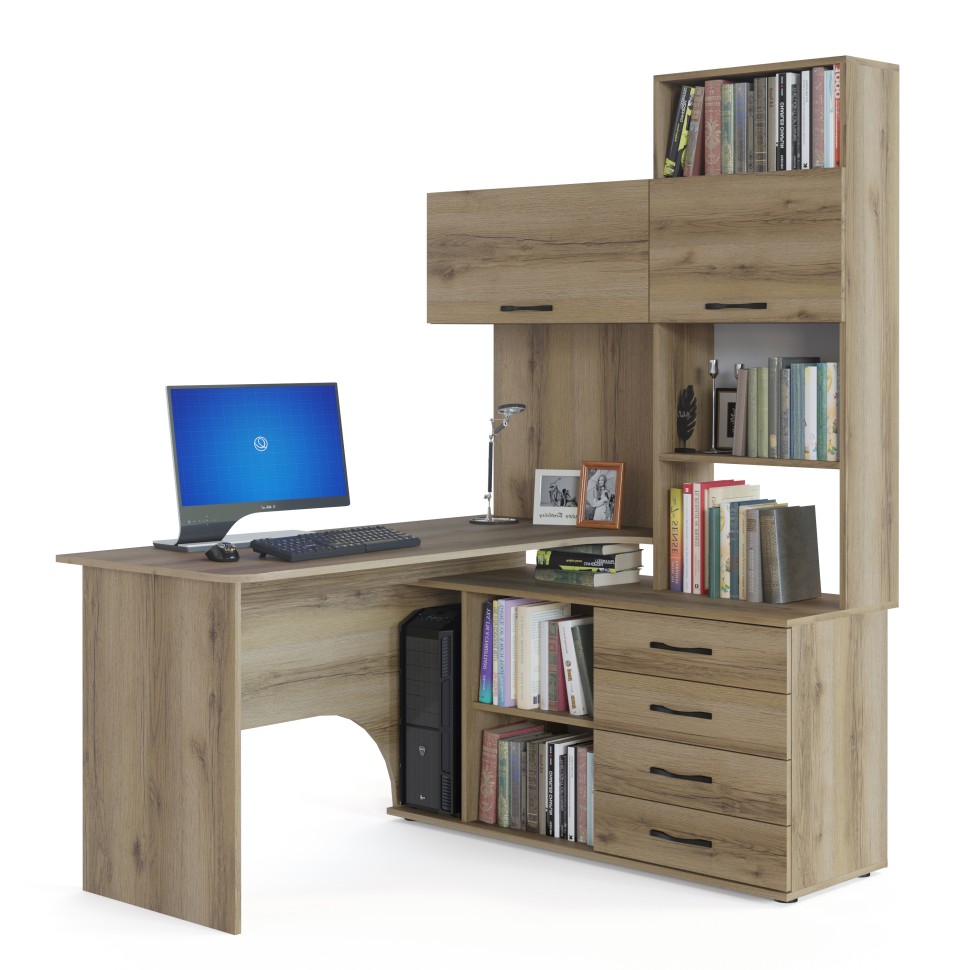 Стол компьютерный Сокол КСТ-14П правый, цвет дуб делано, ШхГхВ 140х124х183 см., выдвижные ящики справа, стол с тумбой и надстройкой