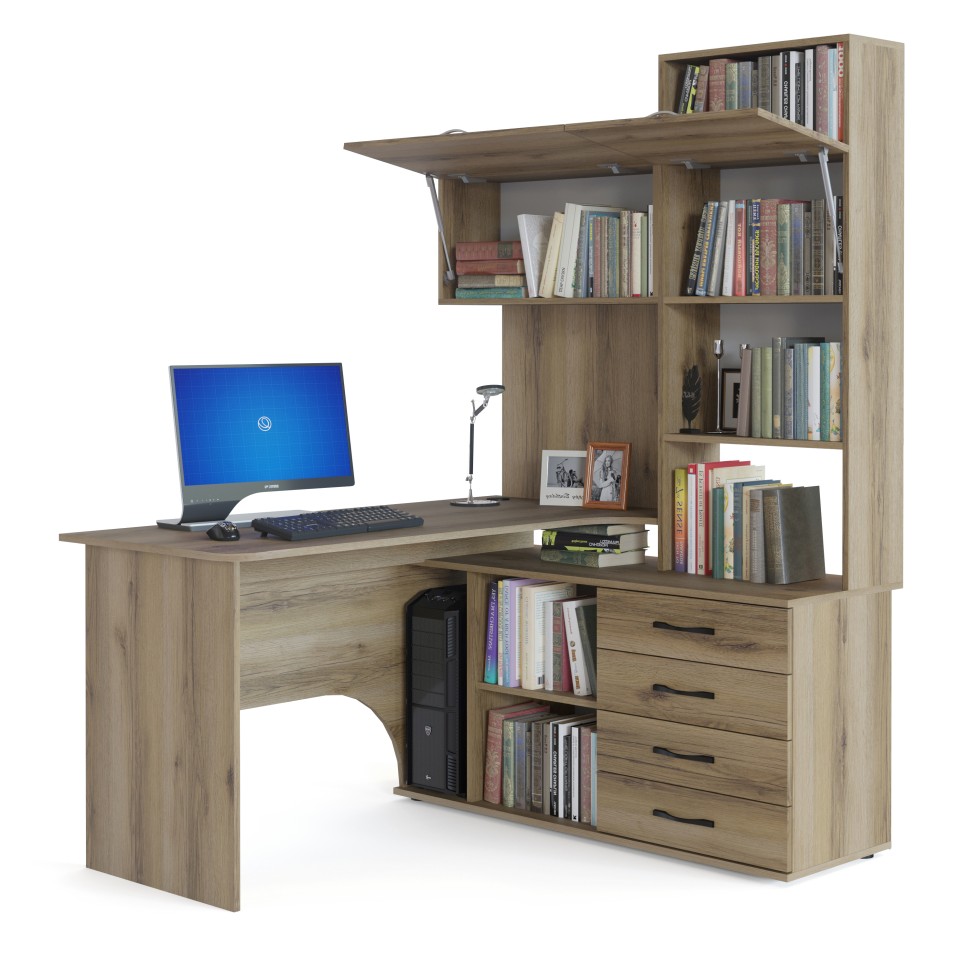 Стол компьютерный Сокол КСТ-14П правый, цвет дуб делано, ШхГхВ 140х124х183 см., выдвижные ящики справа, стол с тумбой и надстройкой