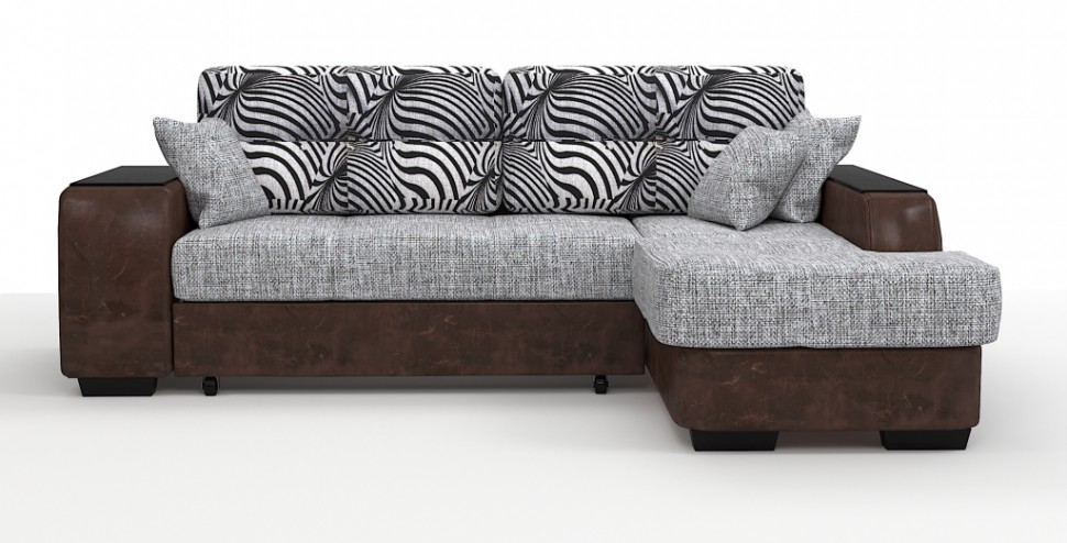 Диван угловой Брюссель Люкс экокожа коричневый + рогожка серый + зебра