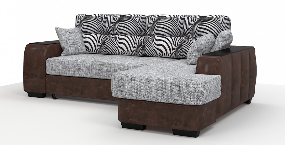 Диван угловой Брюссель Люкс экокожа коричневый + рогожка серый + зебра