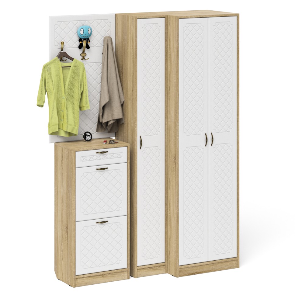 Прихожая П-6 Компоновка № 30, цвет дуб сонома/фасады МДФ белое дерево фрезеровка ромб, ШхГхВ 150х50х210 см., универсальная сборка