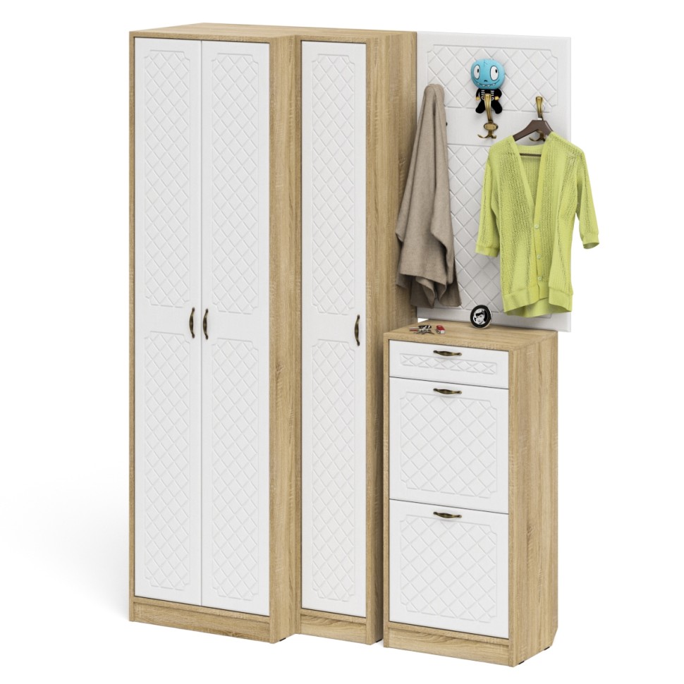 Прихожая П-6 Компоновка № 30, цвет дуб сонома/фасады МДФ белое дерево фрезеровка ромб, ШхГхВ 150х50х210 см., универсальная сборка