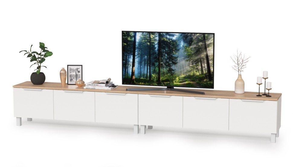 КР100 Тумба под ТВ 13.267.01 + 13.267.01, цвет белый шагрень/дуб сонома, ШхГхВ 276,8х34,9х43,8 см., универсальная сборка