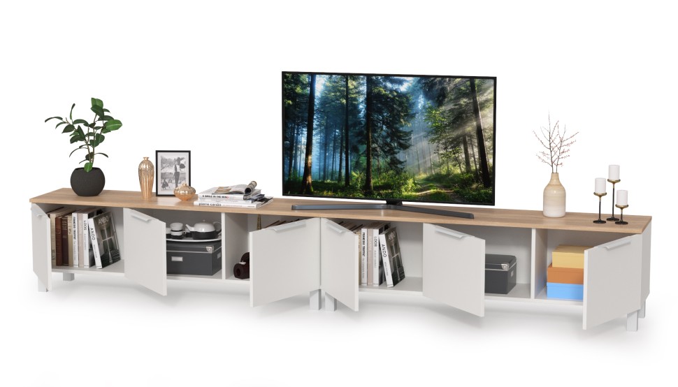 КР100 Тумба под ТВ 13.267.01 + 13.267.01, цвет белый шагрень/дуб сонома, ШхГхВ 276,8х34,9х43,8 см., универсальная сборка