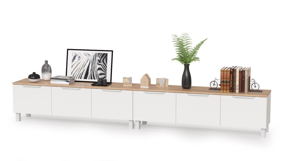 КР100 Тумба под ТВ 13.267.01 + 13.267.01, цвет белый шагрень/дуб сонома, ШхГхВ 276,8х34,9х43,8 см., универсальная сборка