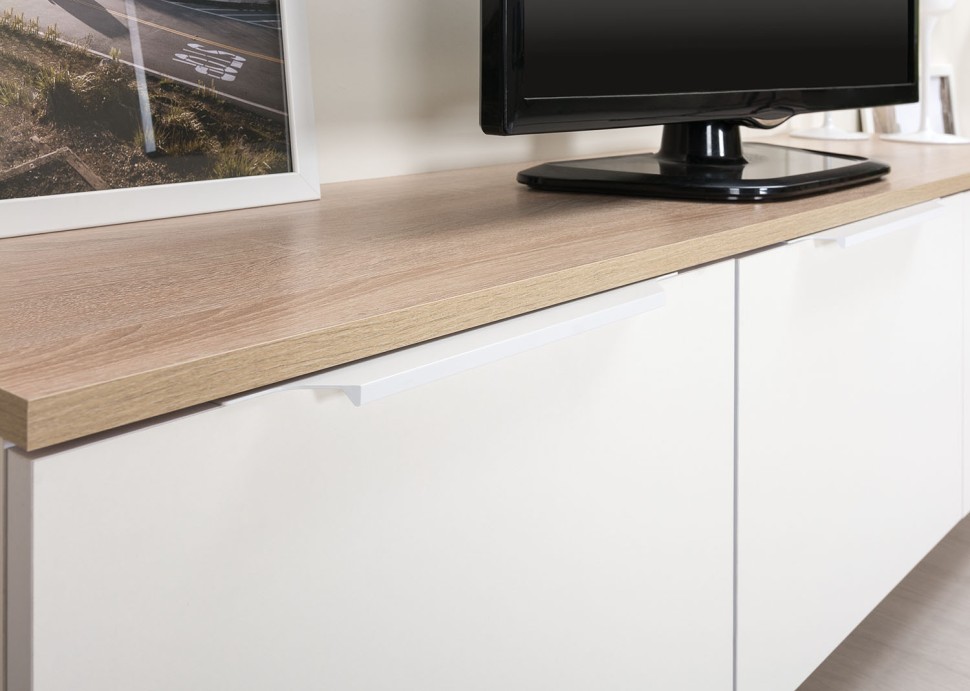 КР100 Тумба под ТВ 13.267.01 + 13.267.01, цвет белый шагрень/дуб сонома, ШхГхВ 276,8х34,9х43,8 см., универсальная сборка