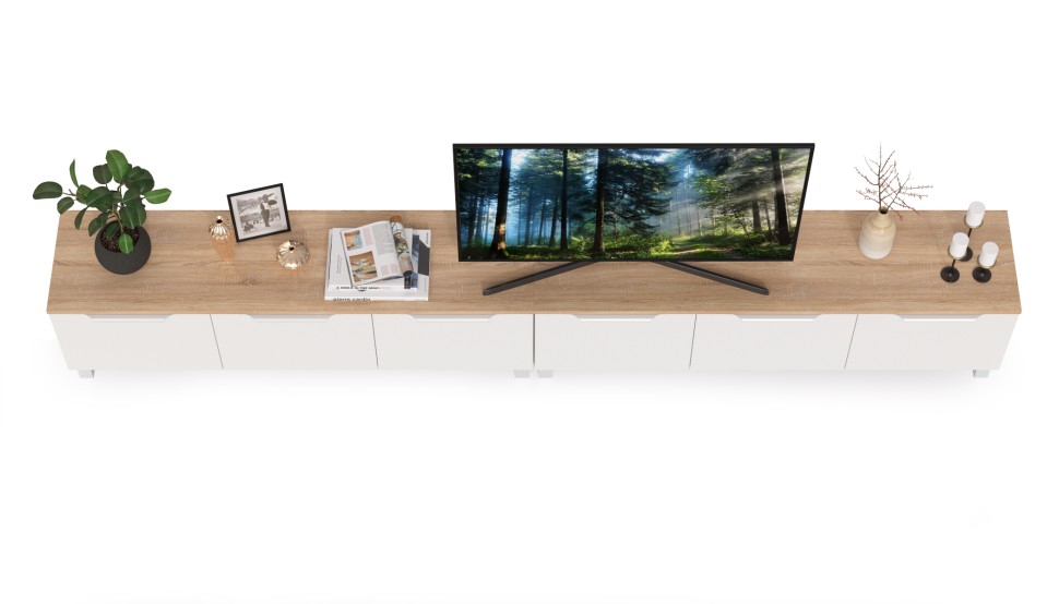 КР100 Тумба под ТВ 13.267.01 + 13.267.01, цвет белый шагрень/дуб сонома, ШхГхВ 276,8х34,9х43,8 см., универсальная сборка