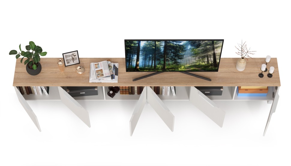 КР100 Тумба под ТВ 13.267.01 + 13.267.01, цвет белый шагрень/дуб сонома, ШхГхВ 276,8х34,9х43,8 см., универсальная сборка