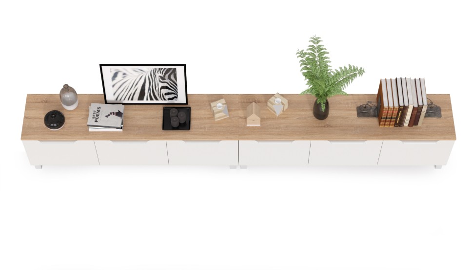 КР100 Тумба под ТВ 13.267.01 + 13.267.01, цвет белый шагрень/дуб сонома, ШхГхВ 276,8х34,9х43,8 см., универсальная сборка