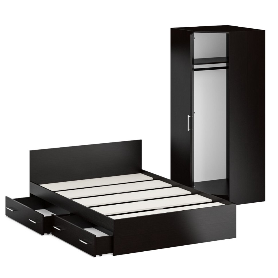 Кровать с ящиками 1400 + Шкаф 2-х створчатый Стандарт, цвет венге, ШхГхВ 143,5х203,5х70 + 90х52х200 см., сп.м. 1400х2000 мм., б/м, основание есть