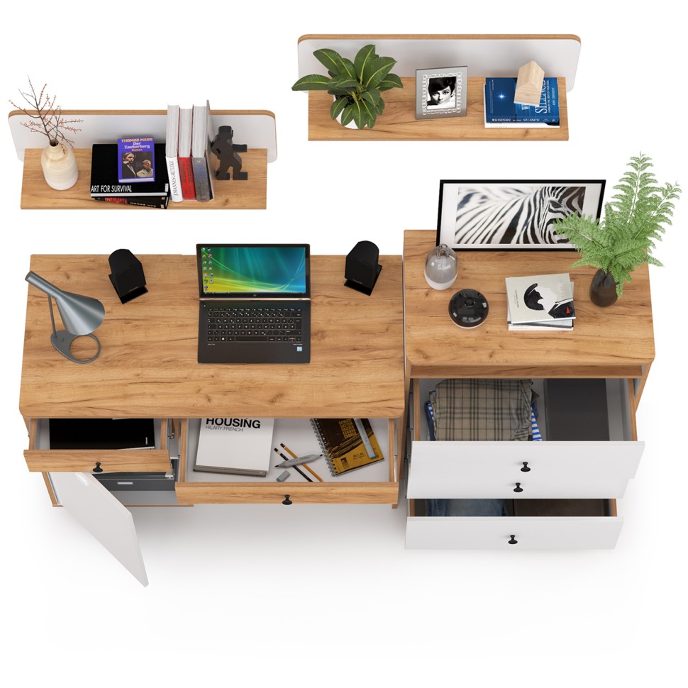 Вуди Компоновка № 48, цвет белый премиум/дуб крафт золотой, ШхГхВ 180х52,7х180 см., универсальная сборка