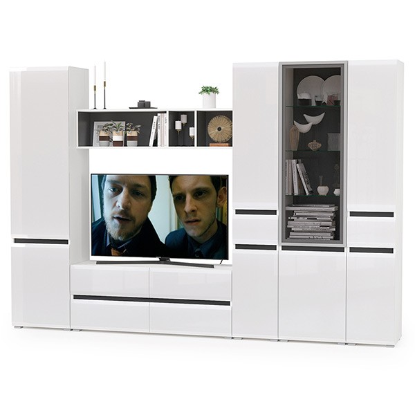 Сидней Комплектация № 029, цвет корпус: белый/чёрный/фасады: МДФ белый глянец, ШхГхВ 299,9х41,3х205,2 см., ниша для ТВ 129х41х98 см., универс. сборка