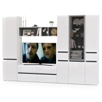 Сидней Комплектация № 029, цвет корпус: белый/чёрный/фасады: МДФ белый глянец, ШхГхВ 299,9х41,3х205,2 см., ниша для ТВ 129х41х98 см., универс. сборка