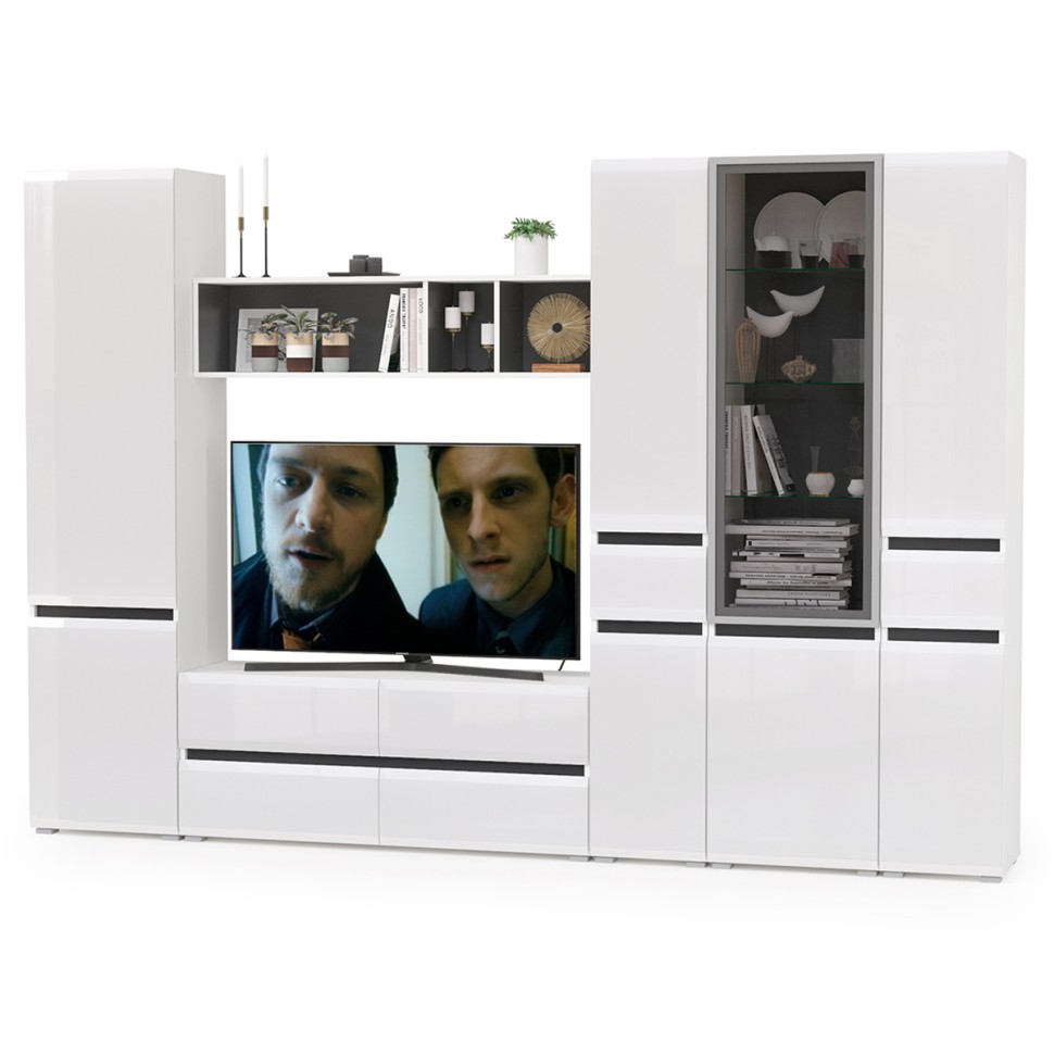 Сидней Комплектация № 029, цвет корпус: белый/чёрный/фасады: МДФ белый глянец, ШхГхВ 299,9х41,3х205,2 см., ниша для ТВ 129х41х98 см., универс. сборка