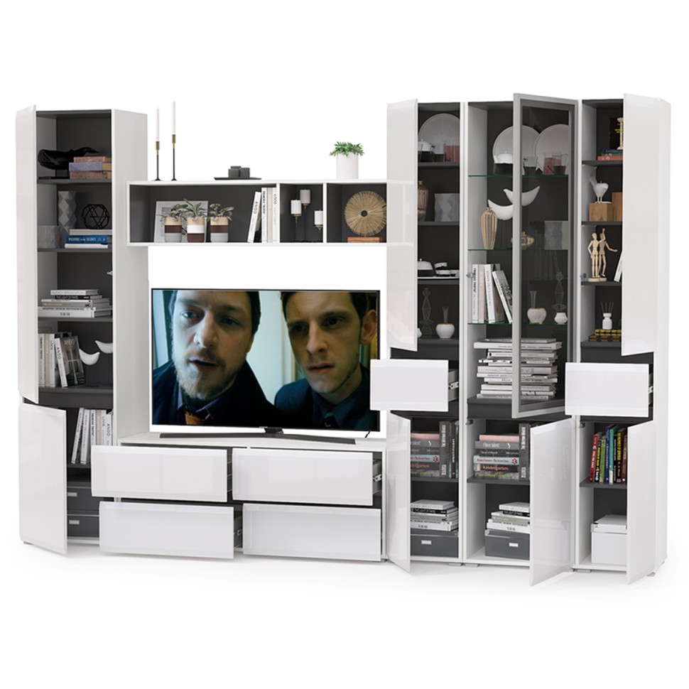 Сидней Комплектация № 029, цвет корпус: белый/чёрный/фасады: МДФ белый глянец, ШхГхВ 299,9х41,3х205,2 см., ниша для ТВ 129х41х98 см., универс. сборка