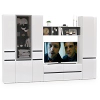 Сидней Комплектация № 029, цвет корпус: белый/чёрный/фасады: МДФ белый глянец, ШхГхВ 299,9х41,3х205,2 см., ниша для ТВ 129х41х98 см., универс. сборка