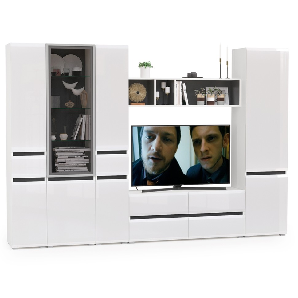 Сидней Комплектация № 029, цвет корпус: белый/чёрный/фасады: МДФ белый глянец, ШхГхВ 299,9х41,3х205,2 см., ниша для ТВ 129х41х98 см., универс. сборка