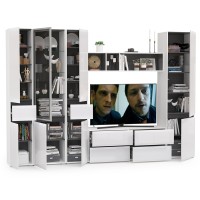 Сидней Комплектация № 029, цвет корпус: белый/чёрный/фасады: МДФ белый глянец, ШхГхВ 299,9х41,3х205,2 см., ниша для ТВ 129х41х98 см., универс. сборка