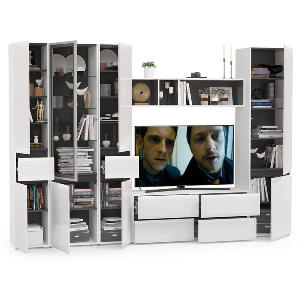 Сидней Комплектация № 029, цвет корпус: белый/чёрный/фасады: МДФ белый глянец, ШхГхВ 299,9х41,3х205,2 см., ниша для ТВ 129х41х98 см., универс. сборка