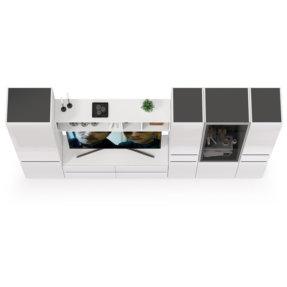 Сидней Комплектация № 029, цвет корпус: белый/чёрный/фасады: МДФ белый глянец, ШхГхВ 299,9х41,3х205,2 см., ниша для ТВ 129х41х98 см., универс. сборка