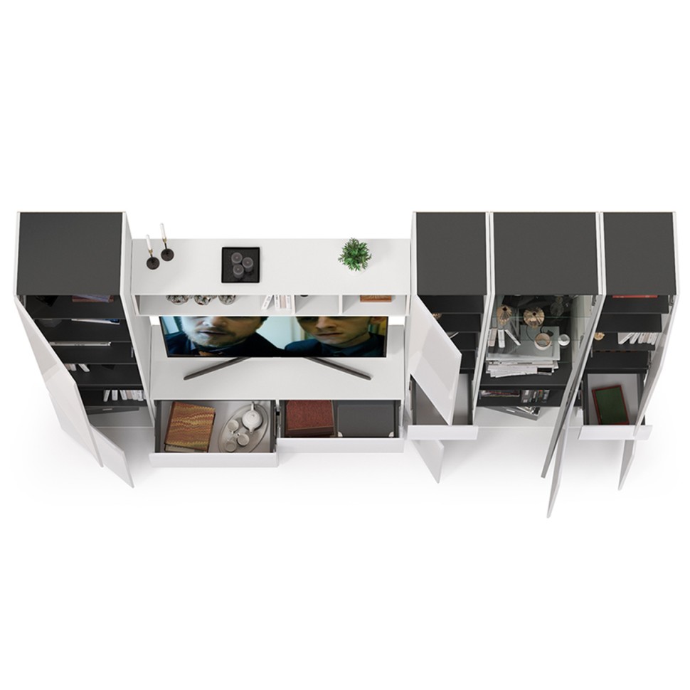 Сидней Комплектация № 029, цвет корпус: белый/чёрный/фасады: МДФ белый глянец, ШхГхВ 299,9х41,3х205,2 см., ниша для ТВ 129х41х98 см., универс. сборка