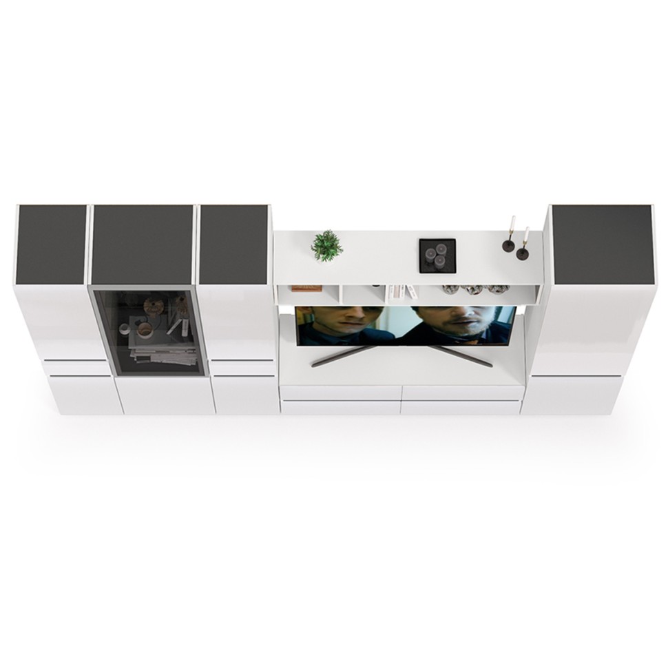 Сидней Комплектация № 029, цвет корпус: белый/чёрный/фасады: МДФ белый глянец, ШхГхВ 299,9х41,3х205,2 см., ниша для ТВ 129х41х98 см., универс. сборка