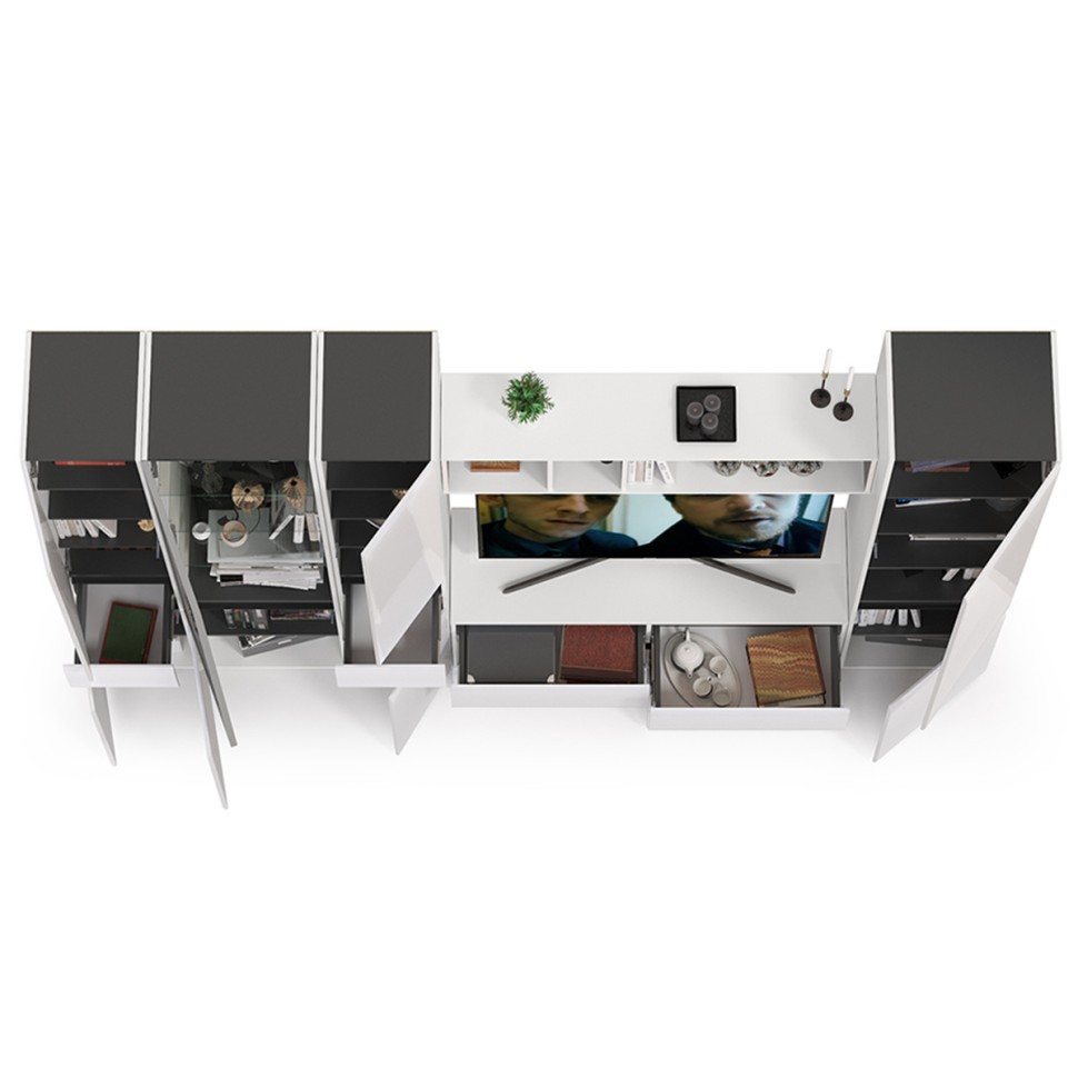 Сидней Комплектация № 029, цвет корпус: белый/чёрный/фасады: МДФ белый глянец, ШхГхВ 299,9х41,3х205,2 см., ниша для ТВ 129х41х98 см., универс. сборка