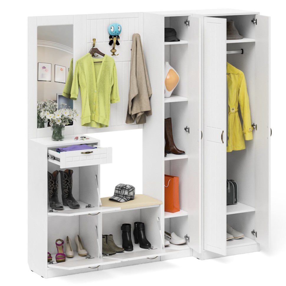 Прихожая П-6 Компоновка № 31, цвет белая шагрень/фасады МДФ белое дерево фрезеровка прованс, ШхГхВ 200х50х210 см., универсальная сборка