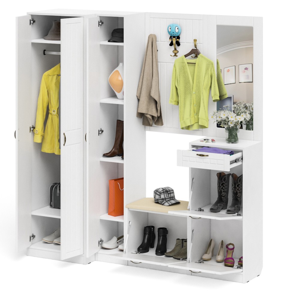 Прихожая П-6 Компоновка № 31, цвет белая шагрень/фасады МДФ белое дерево фрезеровка прованс, ШхГхВ 200х50х210 см., универсальная сборка