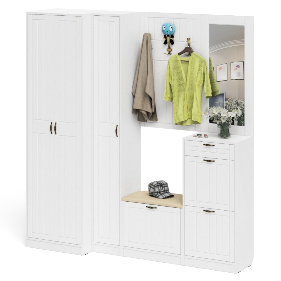 Прихожая П-6 Компоновка № 31, цвет белая шагрень/фасады МДФ белое дерево фрезеровка прованс, ШхГхВ 200х50х210 см., универсальная сборка