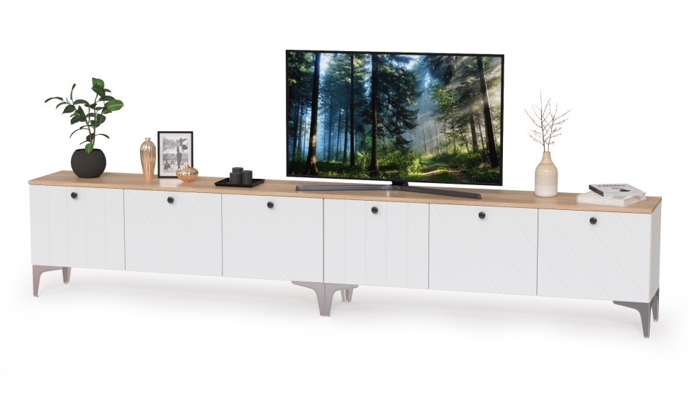 СНЯТО НСН Тумба под ТВ 13.267.03 + 13.267.03, цвет белый шагрень/альберо/фасады МДФ милк софт, ШхГхВ 276,8х34,9х53,6 см., ун. сб.,