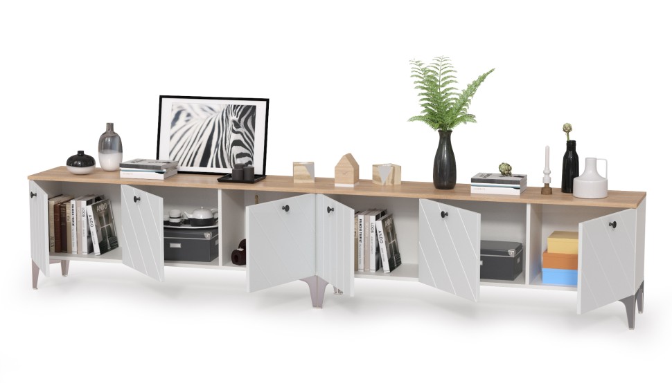 СНЯТО НСН Тумба под ТВ 13.267.03 + 13.267.03, цвет белый шагрень/альберо/фасады МДФ милк софт, ШхГхВ 276,8х34,9х53,6 см., ун. сб.,