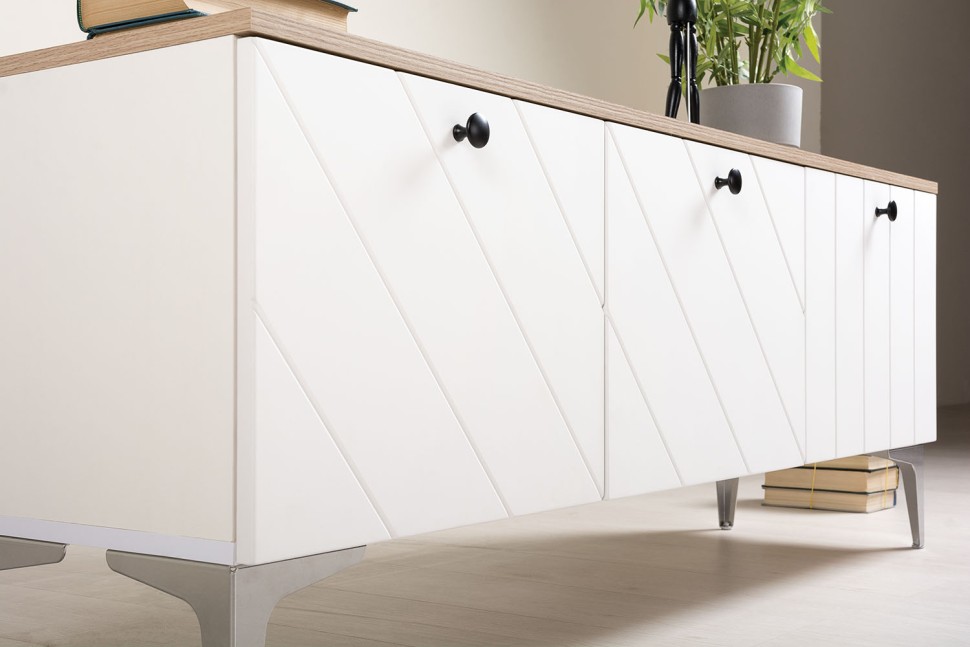 СНЯТО НСН Тумба под ТВ 13.267.03 + 13.267.03, цвет белый шагрень/альберо/фасады МДФ милк софт, ШхГхВ 276,8х34,9х53,6 см., ун. сб.,