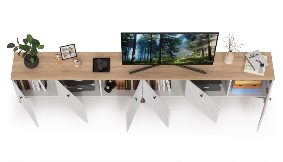 СНЯТО НСН Тумба под ТВ 13.267.03 + 13.267.03, цвет белый шагрень/альберо/фасады МДФ милк софт, ШхГхВ 276,8х34,9х53,6 см., ун. сб.,